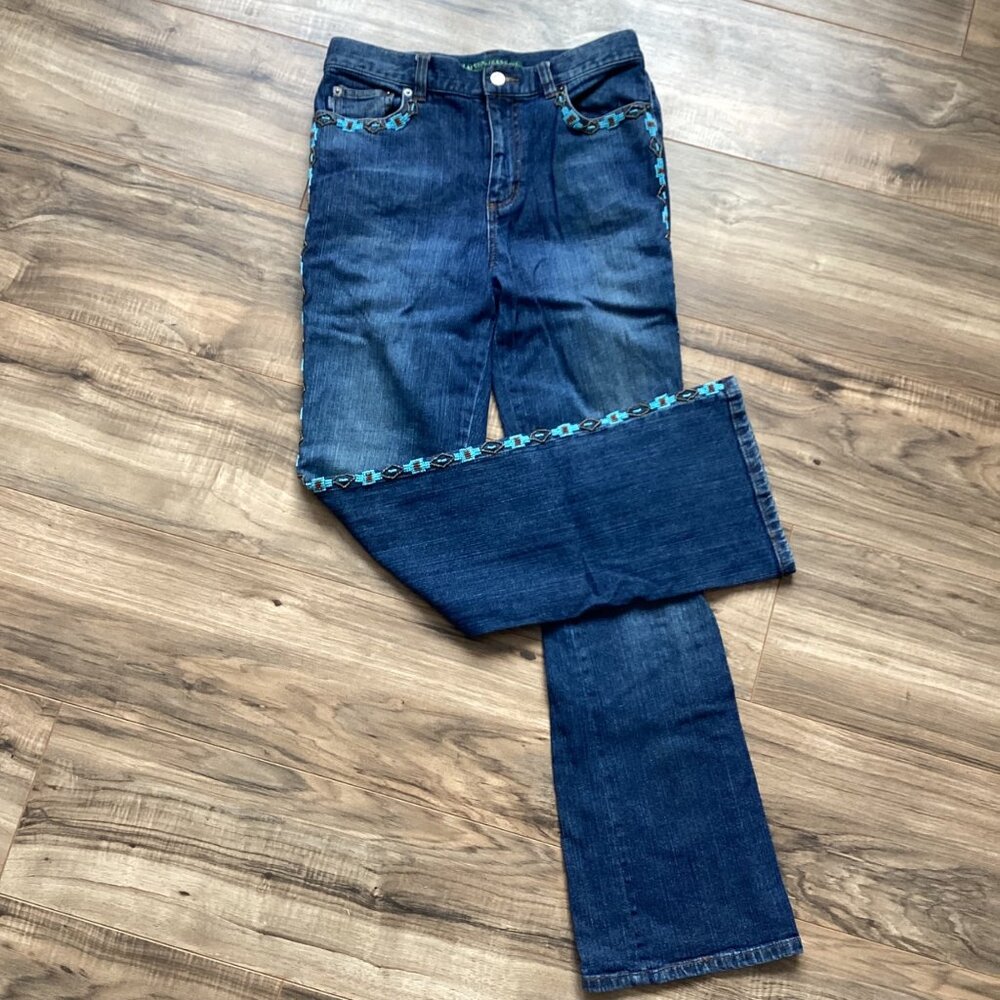 Lauren Jeans Co Ralph Lauren Beaded Aztec Southwestern Trim Flare Leg Jeans Size